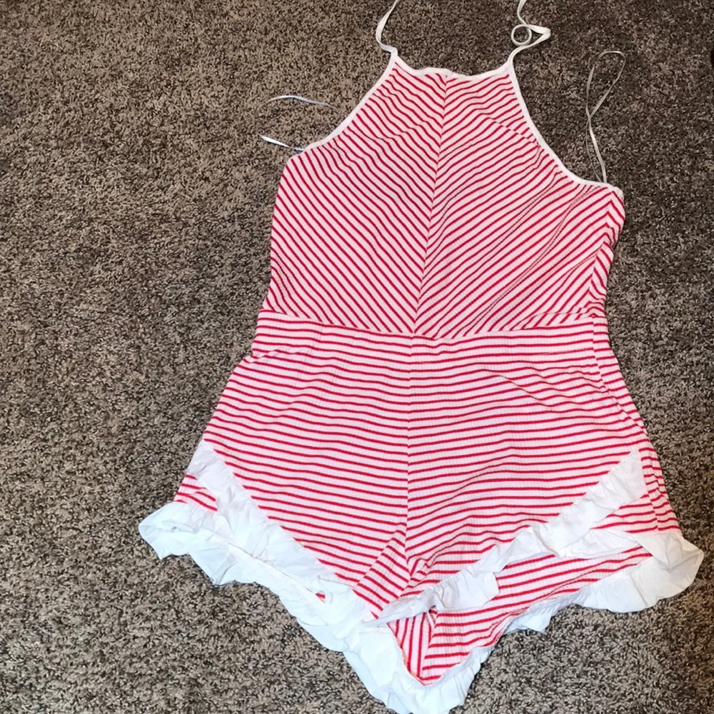 Red & White Striped Halter Romper with ruffles